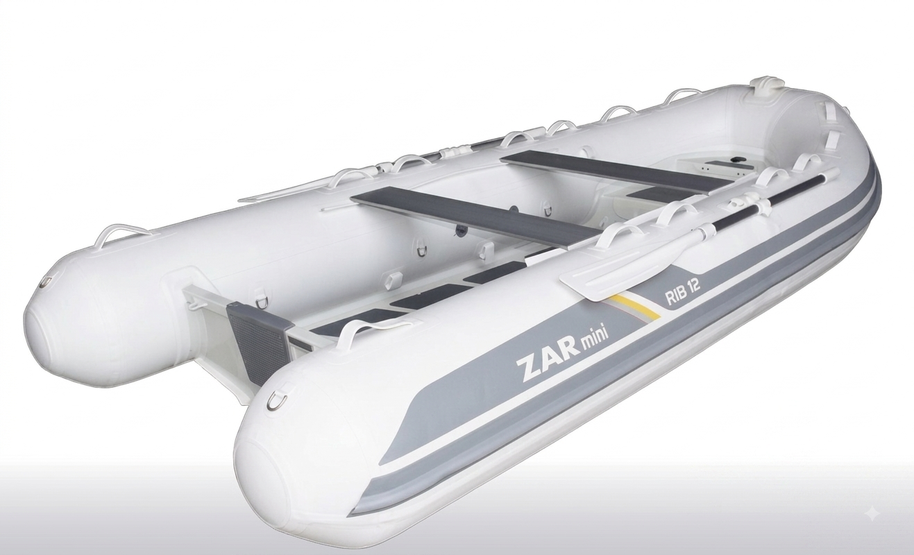 A white inflatable dinghy with gray side stripes and black interior seating, shown on a clean white background. The side of the boat reads 'ZAR mini' and 'RB 12'.