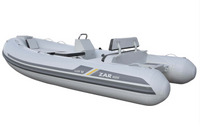 A white and gray inflatable dinghy boat with dual seats, a backrest, and a hardtop canopy, shown on a plain white background.