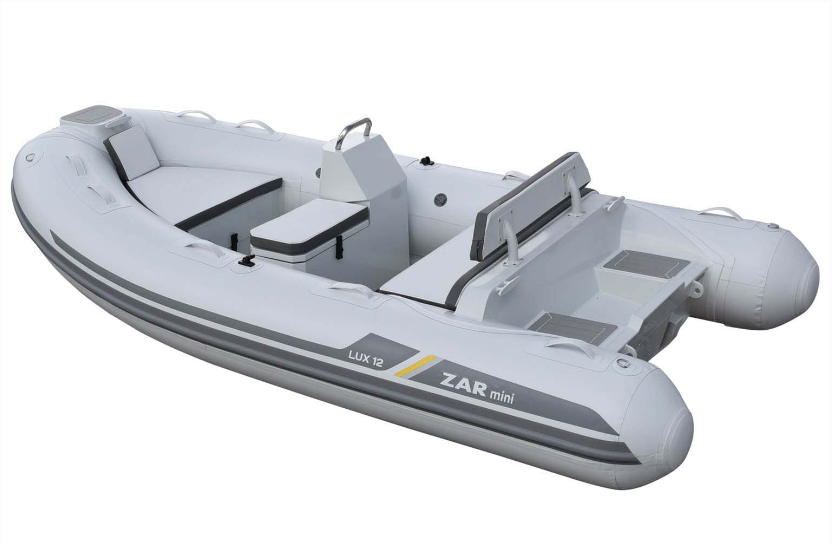 A white and gray inflatable dinghy boat with dual seats, a central console, and dual inflatable airbags, shown on a plain white background. The brand name 'ZAR mini' is visible on the side.